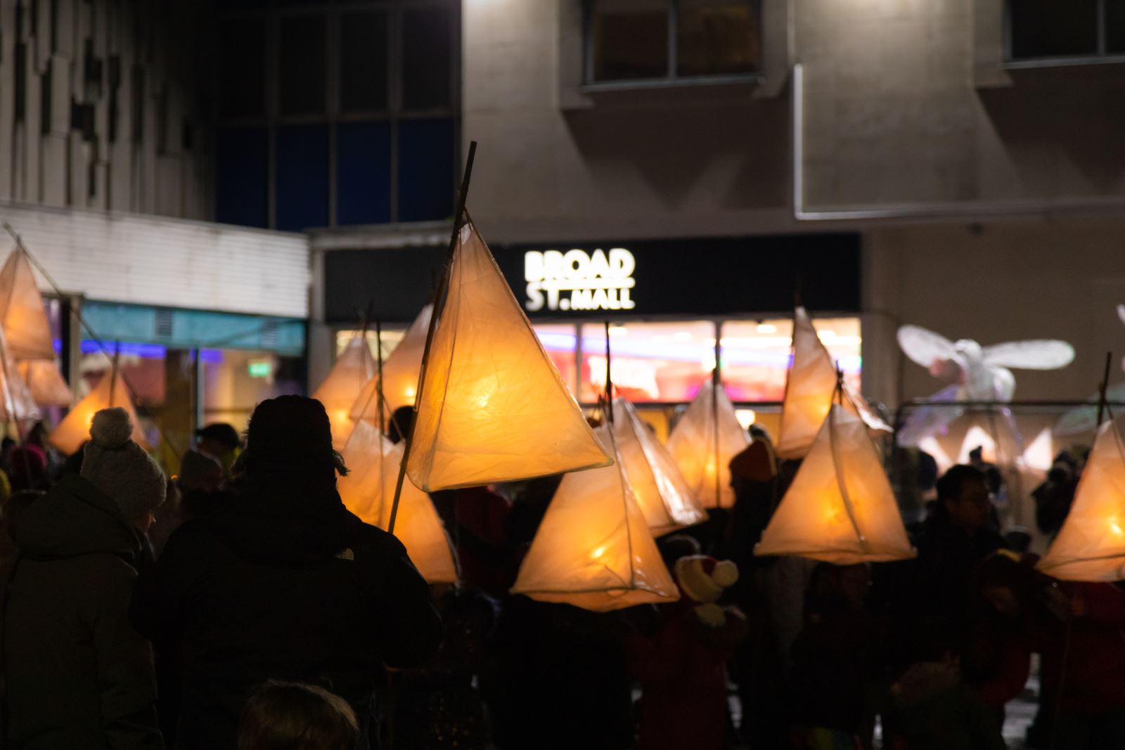 Pyramid lantern procession outside Broad Street Mall